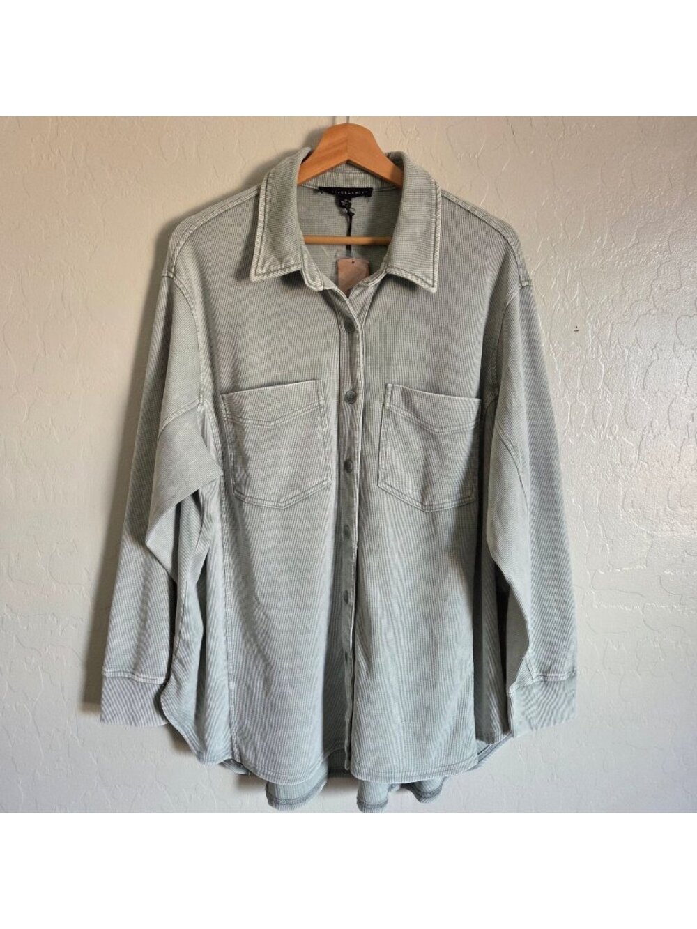 Jane & Delancey Waffle Knit Button Up Shacket Top Washed Sage Green Size 2X NEW